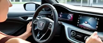 Покупатель на тест-драйве нового автомобиля в автосалоне