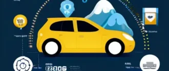 Иллюстрация персонализированного пакета КАСКО: автомобиль и элементы франшизы, охранной системы и телематики на фоне графиков тарифов.