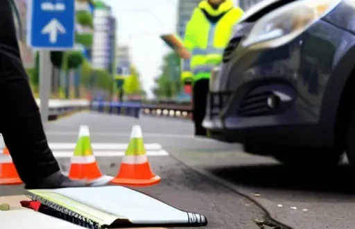 Водитель и второй участник обсуждают оформляемый европротокол на месте ДТП, рядом дорожный знак аварийной остановки