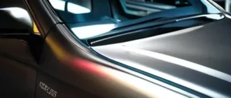 Специалист наносит защитное покрытие на кузов автомобиля с просветом на многослойную структуру покрытия, демонстрирующую DLC и керамическое нанопокрытие.