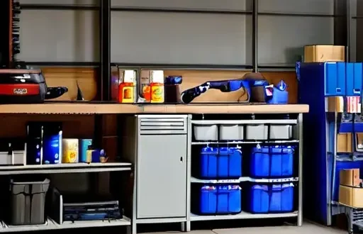 Организованный гараж с инструментами, запасными частями и автомобилем на подставках — готовность к сезонному обслуживанию