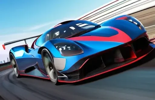 Спортивный автомобиль с обвесами: передний сплиттер, канарды, боковые юбки и задний диффузор на гоночной трассе, визуализация аэродинамики и потока воздуха